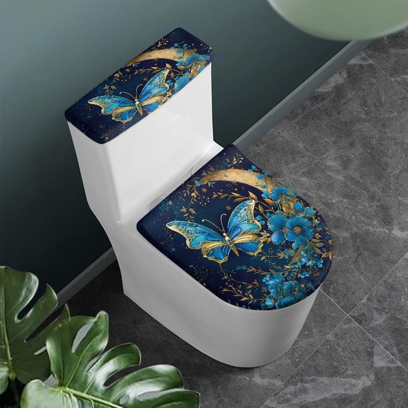 CREAMIC Blue Butterfly Toilet Lid Cover and Toilet Tank Cover Soft Plush Seat Covers Tank Lip Covers Seat Covers Fits Most Lids for Accessories Decor Machine Washable - Image 1